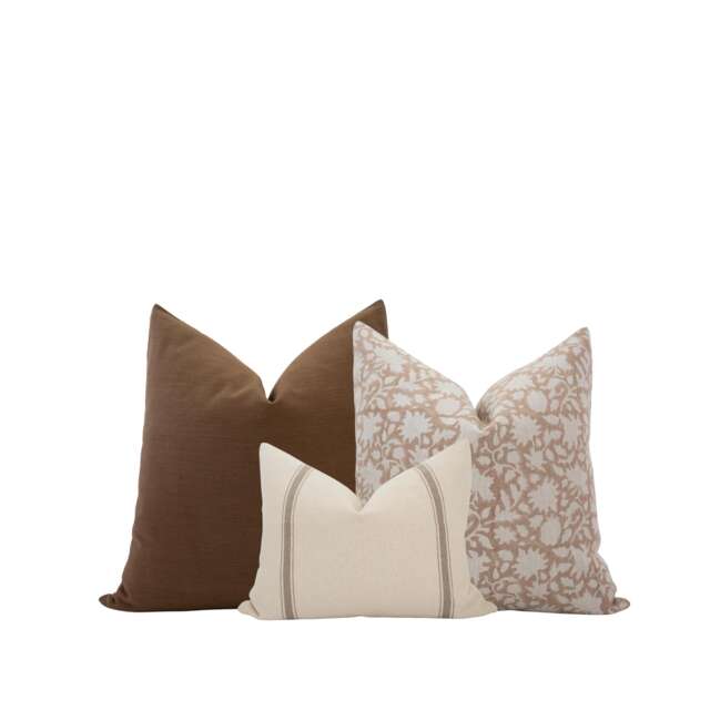 Neutral Pillow Cover Set Brown, Floral, Grain Sack - Handwoven Cotton & Linen - image 1