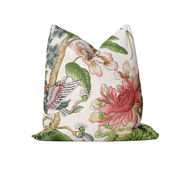 Thibaut - Hill Garden Coral & Green Traditional Floral Cushion Cover Handmade Throw Pillow Designer Home D??cor - image 1