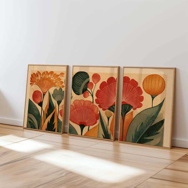 Retro Floral Wall Art Set Of 3, Mid Century Modern Botanical Prints, Warm Earth Tone Flower For Living Room Or Bedroom Decor - image 1