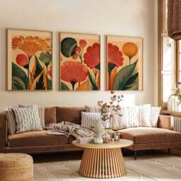 Retro Floral Wall Art Set Of 3, Mid Century Modern Botanical Prints, Warm Earth Tone Flower For Living Room Or Bedroom Decor - thumbnail 3