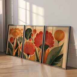 Retro Floral Wall Art Set Of 3, Mid Century Modern Botanical Prints, Warm Earth Tone Flower For Living Room Or Bedroom Decor - thumbnail 2