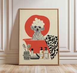 Funny Dog Wall Art Print, Puppy in Bathtub Poster, Whimsical Bathroom Decor With Soap & Spa Pet Artwork - thumbnail 1