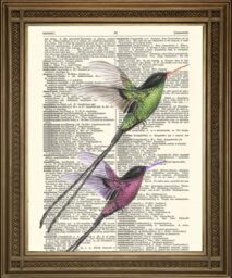 Birds Print Romantic Humingbird Art, Printed On Vintage Dictionary Pages - thumbnail 1