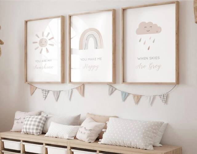 Sun Rainbow Cloud Prints-Set Of 3, You Are My Sunshine Print, Baby Girl Nursery Wall Art, Sleep Neutral - image 1