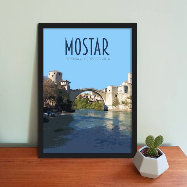 Mostar Travel Poster - Retro Vintage Style Bosnia & Herzegovina Art Print, Artwork, Homeware, Postcard, Mostar Bridge - image 1