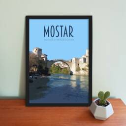 Mostar Travel Poster - Retro Vintage Style Bosnia & Herzegovina Art Print, Artwork, Homeware, Postcard, Mostar Bridge - thumbnail 1