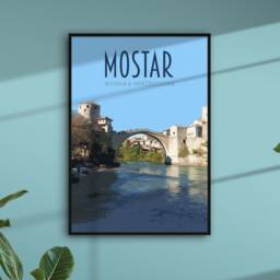 Mostar Travel Poster - Retro Vintage Style Bosnia & Herzegovina Art Print, Artwork, Homeware, Postcard, Mostar Bridge - thumbnail 3
