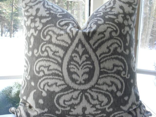 Sale-Ikat Decorative Pillow Cover - Designer Fabric -Throw Pillow- Ikat Medallion-Brindle Grey/Ivory - image 1