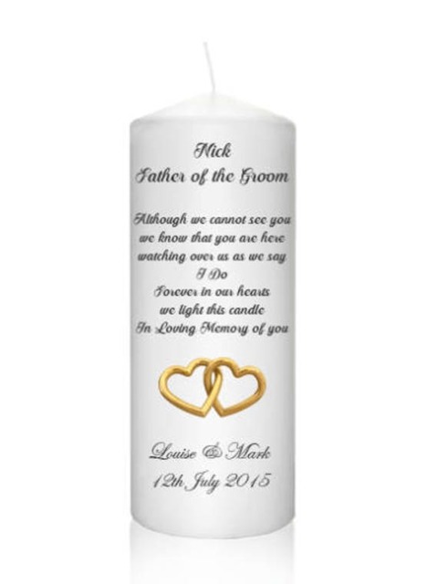 Large Personalised in Loving Memory Remembrance Candle Wedding Day Father Mother Of The Bride Or Groom Gold Rings Poem