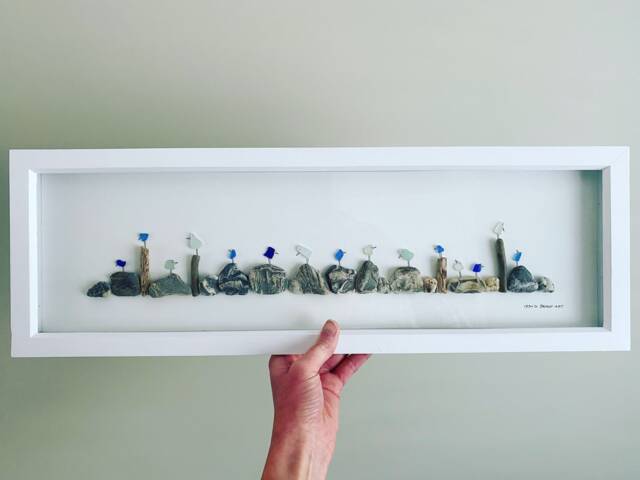 Blue Sea Glass Bird Wall Art - Framed Panoramic Pebble Picture Handmade in Cornwall - image 1
