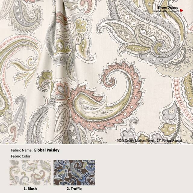 Global Paisley 2 Colors Floral Brown Gray Cotton Curtain, Valance Extra Width & Length, Pleated, Lined Drapery Panel Offered As Upgrades - image 1