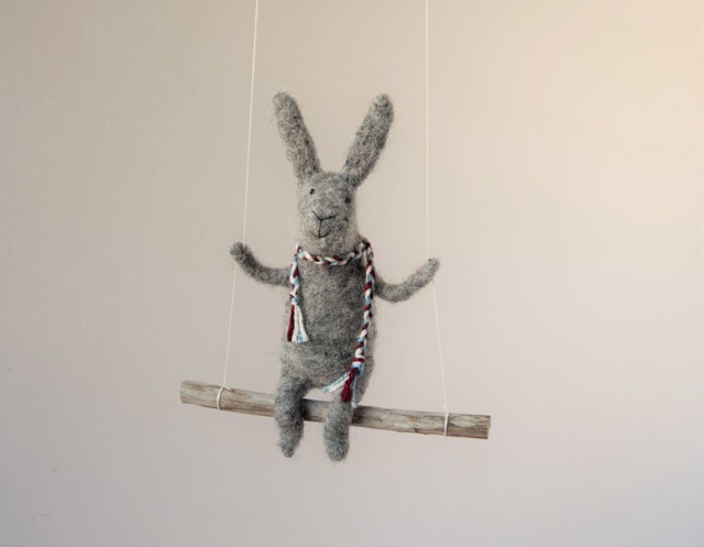 Swinging Bunny, Needle Felted Nursery Decoration, Baby Crib Mobile, Hanging Mobile - image 1