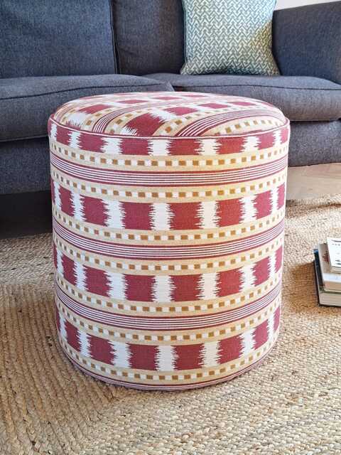 Round Bedroom Stool - Drum Pouffe Upholstered in James Hare Paxton Fabric Geometric Stripe Extra Seating & Side Table - image 1
