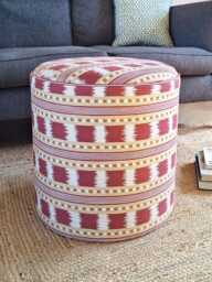 Round Bedroom Stool - Drum Pouffe Upholstered in James Hare Paxton Fabric Geometric Stripe Extra Seating & Side Table - thumbnail 1