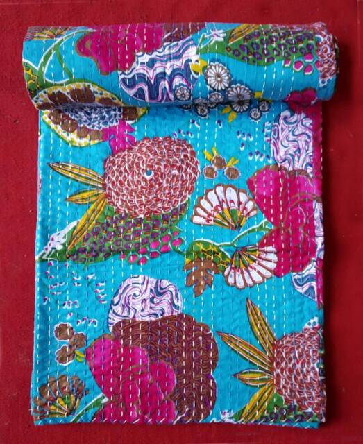 King Size Floral Kantha Quilt, Bohemian Cotton Bedspread - image 1