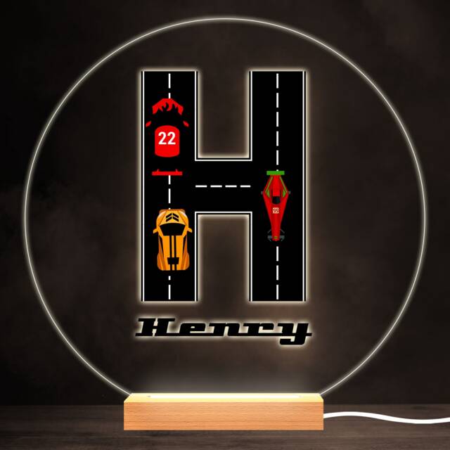Road Racing Cars Letter H Colourful Round Personalised Gift Led Lamp Night Light - Bedroom - image 1
