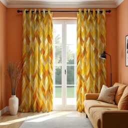 Yellow Orange Tones Geometric Curtains, Modern Chevron Pattern Drapes, Custom Window Panels For Living Room Bedroom Retro Home Decor - thumbnail 1