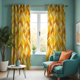 Yellow Orange Tones Geometric Curtains, Modern Chevron Pattern Drapes, Custom Window Panels For Living Room Bedroom Retro Home Decor - thumbnail 3