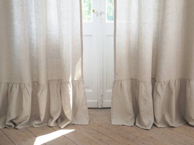 Ruffled Linen Curtain Panel, Natural Stonewashed Fabric, Custom Length - image 1