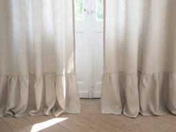 Ruffled Linen Curtain Panel, Natural Stonewashed Fabric, Custom Length - thumbnail 1