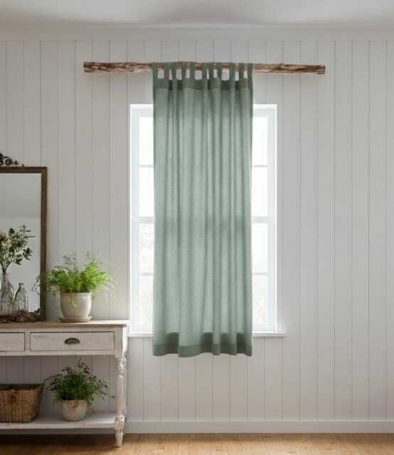 Moss Green Linen Curtains, Stonewashed Curtain Panels, Drapes, Tab Top Softened Window Treatment, Rustic Farmhouse Decor - image 1