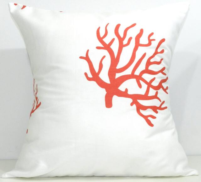 New 18x18 Inch Designer Handmade Pillow Case in Coral On White Patterned Fabric