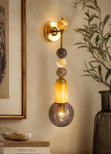 Les Trois Pyramides Handmade Brass Finish Sconce Lighting With Marble Gemstones - Wall Indoor Wall Lamp - image 1