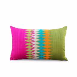 Silk Ikat Lumbar Pillow Cover, Multicolour Embroidery, Indian Ethnic
