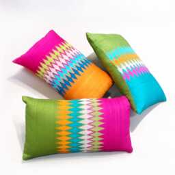 Silk Ikat Lumbar Pillow Cover, Multicolour Embroidery, Indian Ethnic - thumbnail 3