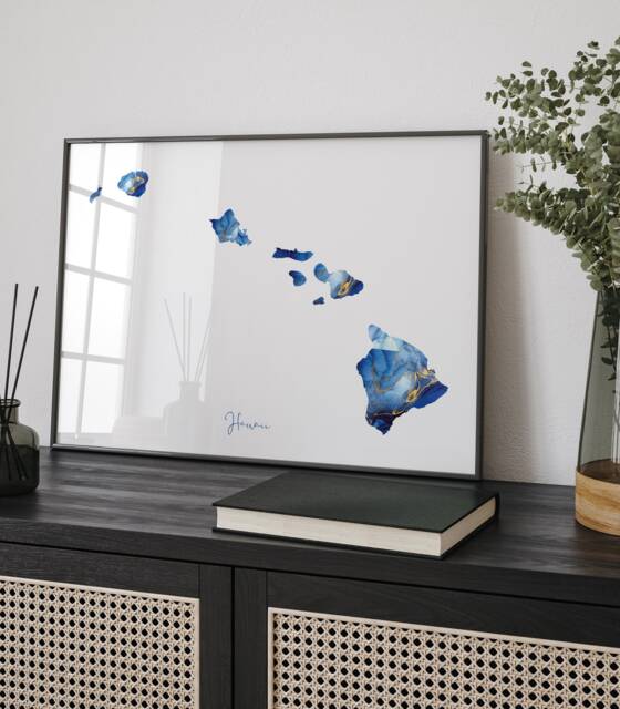 Hawaii Map Blue & Gold Wall Art Print - Us State United States Of America Usa - image 1