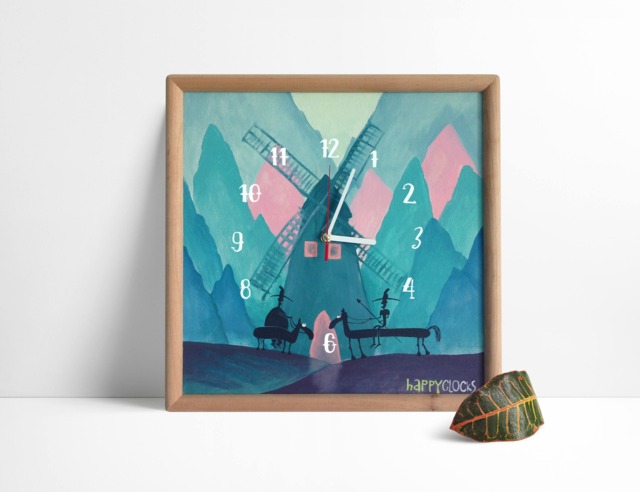 Don Quixote Wall Clock Oilpainted Illustration, Square Wooden Frame - image 1