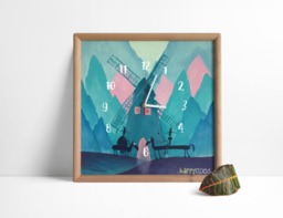 Don Quixote Wall Clock Oilpainted Illustration, Square Wooden Frame - thumbnail 1