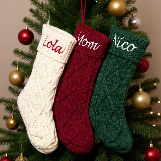 Personalized Knit Christmas Stocking 2025 Embroidered Family Name, Knitted Family, Holiday Stockings, Xmas Stocking With Name - image 1
