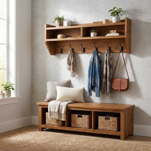 Entryway Bench With Coat Rack Set - Shoe Storage & Wall Hooks Solid Wood Organizer - image 1