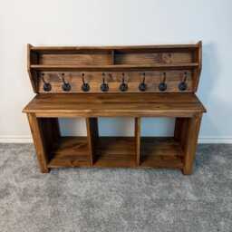 Entryway Bench With Coat Rack Set - Shoe Storage & Wall Hooks Solid Wood Organizer - thumbnail 3