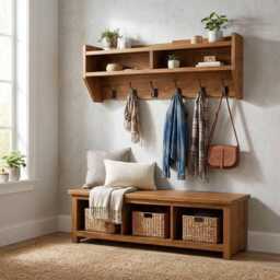 Entryway Bench With Coat Rack Set - Shoe Storage & Wall Hooks Solid Wood Organizer - thumbnail 1