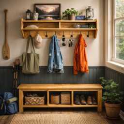Entryway Bench With Coat Rack Set - Shoe Storage & Wall Hooks Solid Wood Organizer - thumbnail 4
