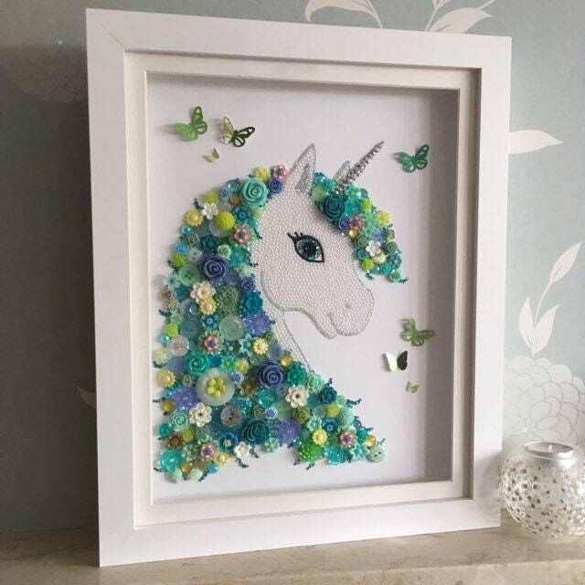 The Flower Unicorn, Button Art, Blue & Green Theme Decor, Unicorn Gift, Wall Floral Wall Art - image 1