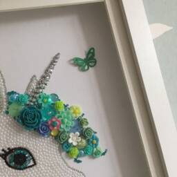The Flower Unicorn, Button Art, Blue & Green Theme Decor, Unicorn Gift, Wall Floral Wall Art - thumbnail 2
