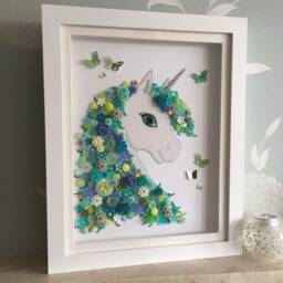 The Flower Unicorn, Button Art, Blue & Green Theme Decor, Unicorn Gift, Wall Floral Wall Art - thumbnail 1