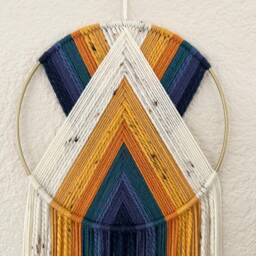 Orange Navy Blue & Yellow Yarn Wall Hanging, Handmade Hangings, Hoop Beaded Macrame Art, Modern - thumbnail 3