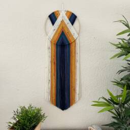 Orange Navy Blue & Yellow Yarn Wall Hanging, Handmade Hangings, Hoop Beaded Macrame Art, Modern - thumbnail 4