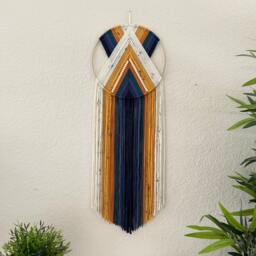 Orange Navy Blue & Yellow Yarn Wall Hanging, Handmade Hangings, Hoop Beaded Macrame Art, Modern - thumbnail 1