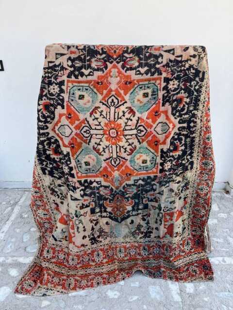 Bohemian Reversible Cotton Kantha Bed Quilt - Handmade Floral Bedspread With Traditional Embroidery - image 1