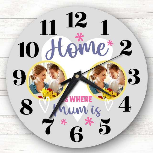 Home Is Where Mum Grey Photos Mother's Day Birthday Gift Personalised Clock - image 1