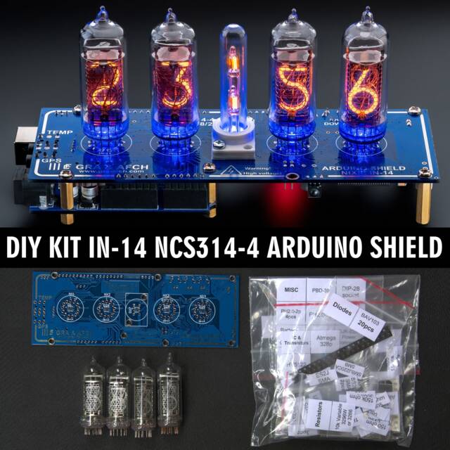 Diy Kit For In-14 Arduino Shield Ncs314-4 Nixie Tube Clock [With Options] Boyfriend, Husband, Vintage, Glowing Clock, Gift, Steampunk