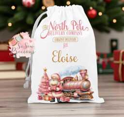 Personalised Printed Christmas Santa Sack, North Pole Express Pink, Personalized Stockings