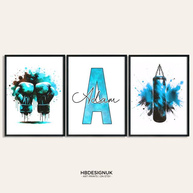 Personalised Boxing Decor - Set Of 3 Light Blue Prints - Boys Girls Bedroom Wall Art Custom Poster Home Room Posters Print - image 1