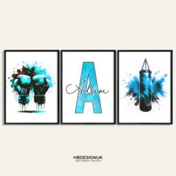 Personalised Boxing Decor - Set Of 3 Light Blue Prints - Boys Girls Bedroom Wall Art Custom Poster Home Room Posters Print - thumbnail 1
