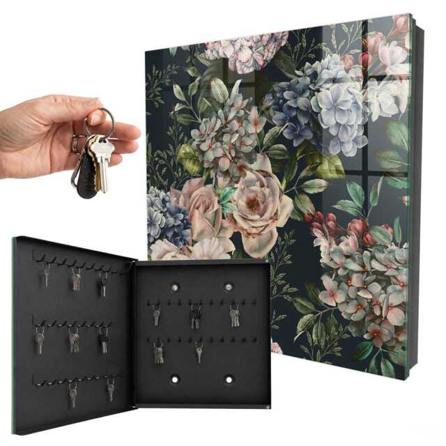 Floral Pattern Wall Mounted Key Cabinet, Green Box For Home, Painterly Flowers & Plants, Lovers Of Nature Elegance - image 1